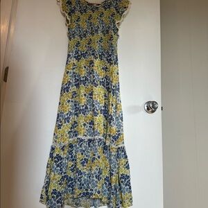 Cottage Core blue, green and yellow flower dress, flowy, with capped sleeves